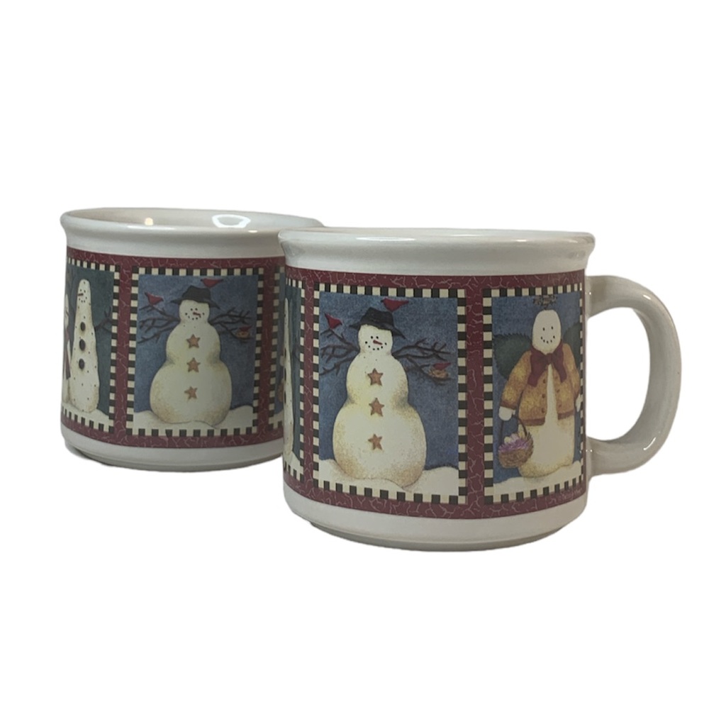 Debbie Mumm Christmas Set of 2 "Checkerboard Snowman" Ceramic Cocoa Mugs